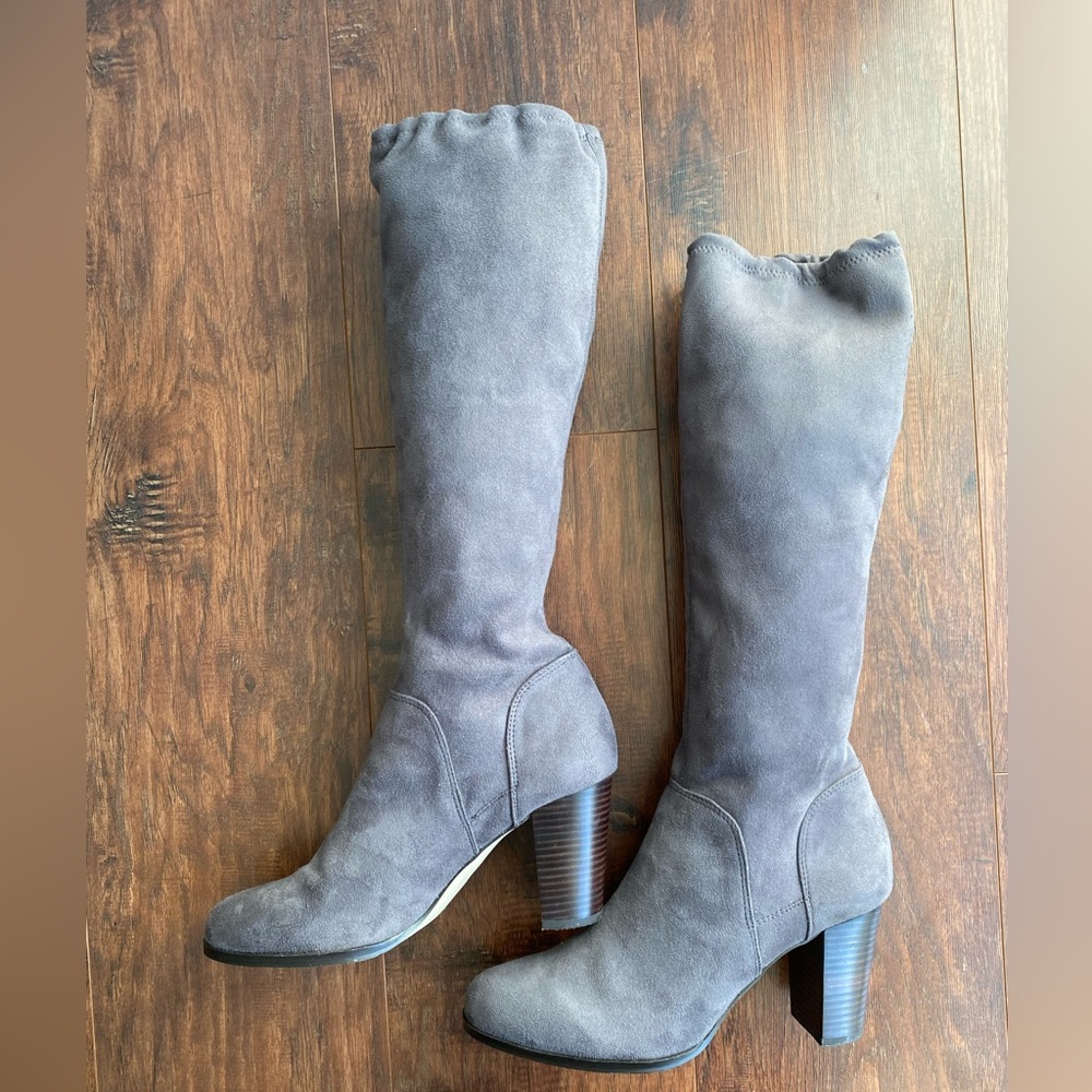 Boden Gray Heeled Faux Suede Boots